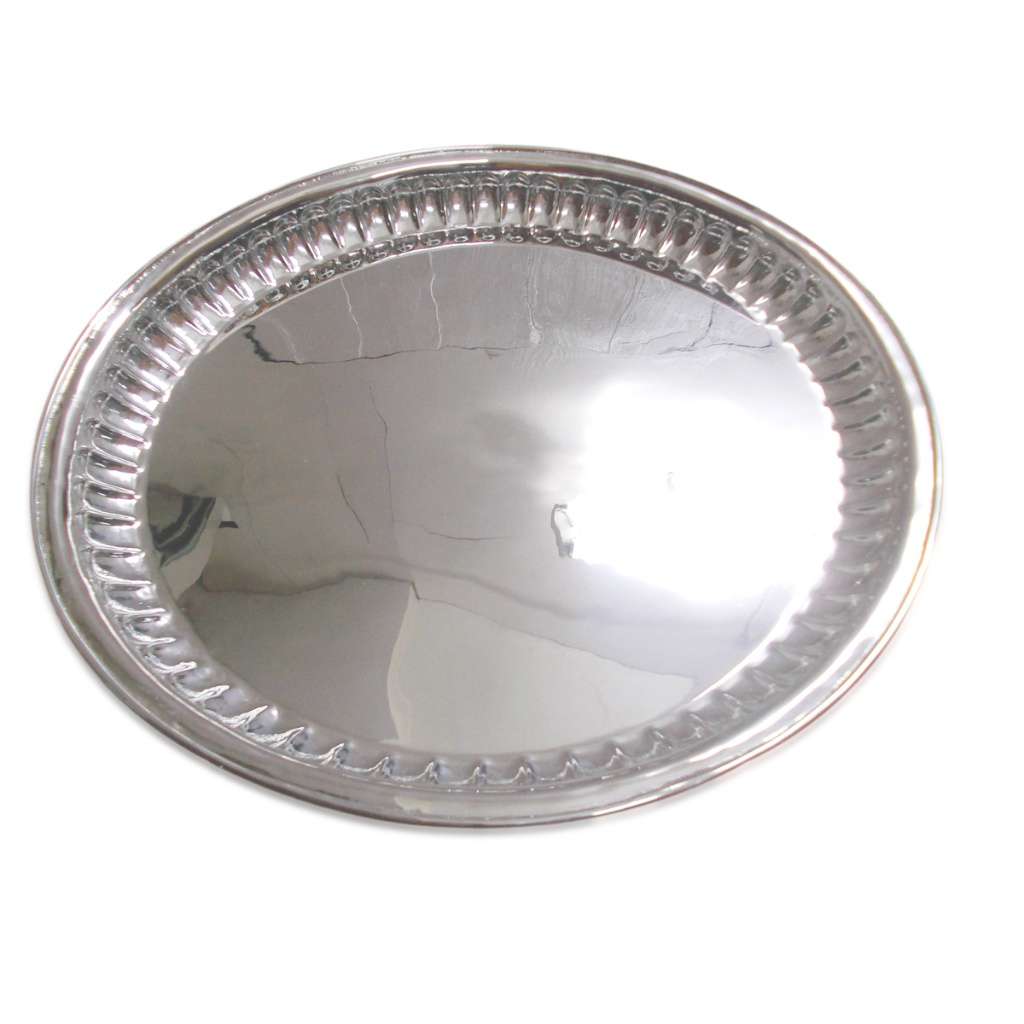 Fluted Platter is a silver serving platter with ridged, vertical fluting framing a plain, mirror-polished centre - white background