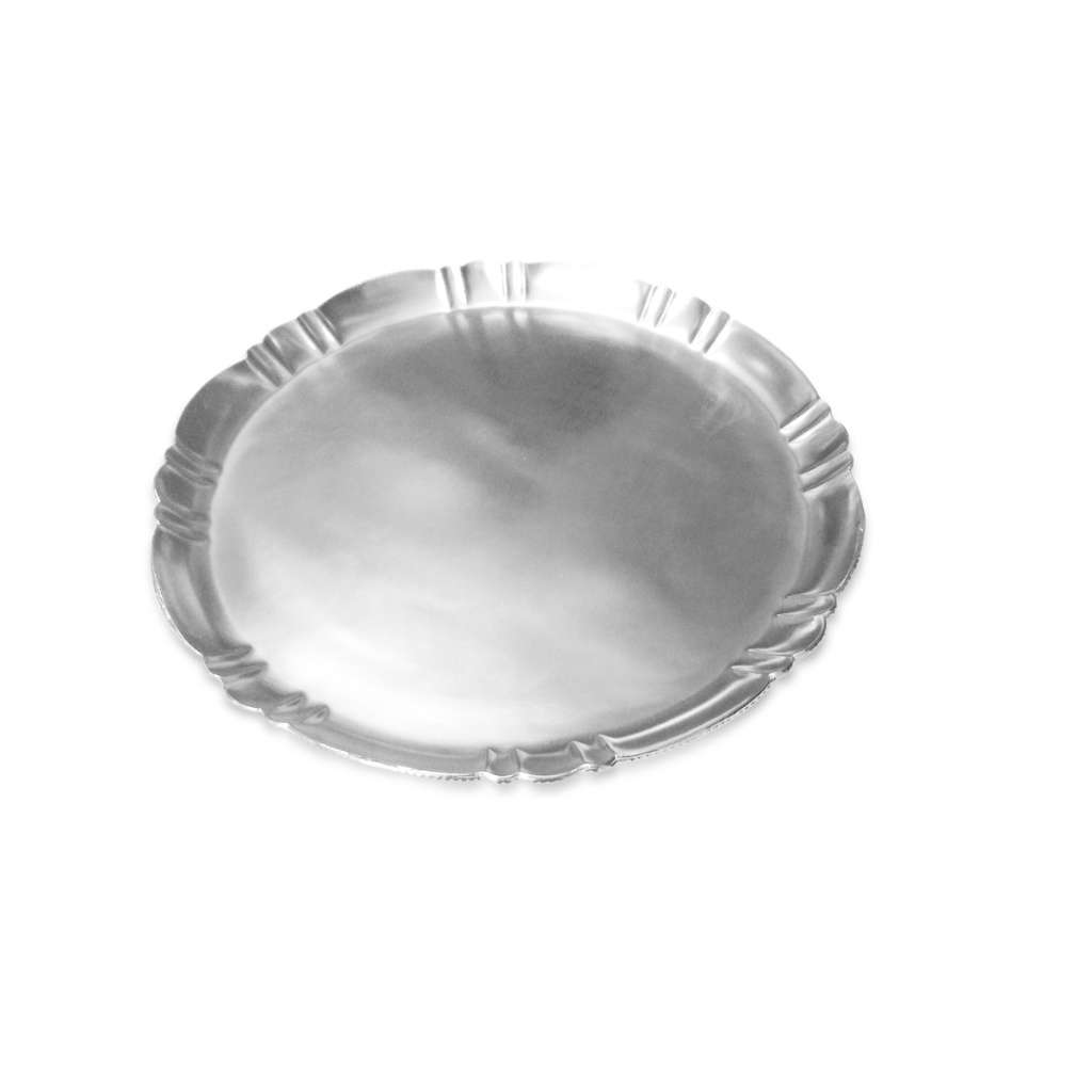 Aster Platter is a silver serving platter with a ruffled, fluted rim, framing a plain centre built for serving - white background