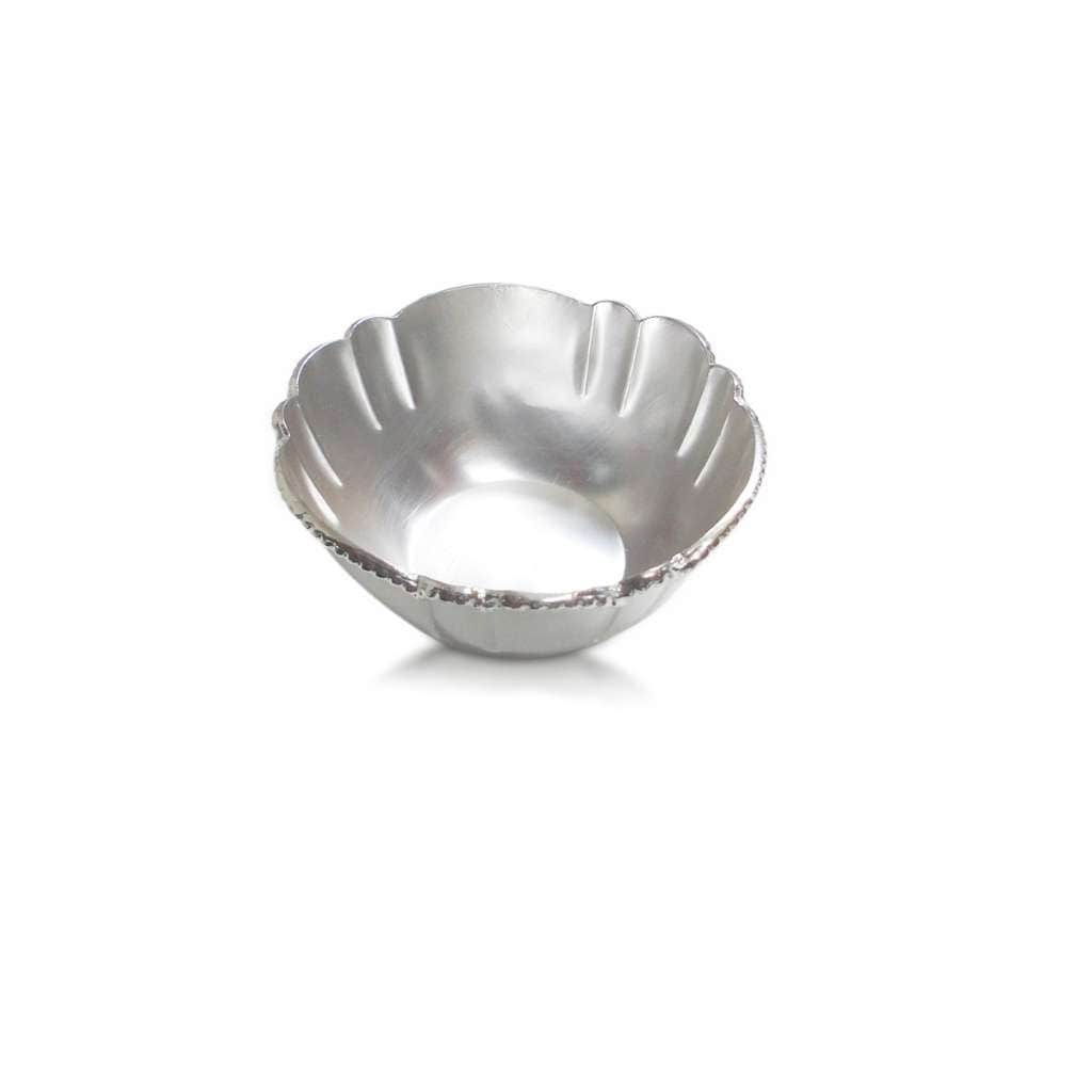 Aster Katori is a silver bowl shaped like an open flower, its rim curving into soft scalloped petals around a beaded edge - white background