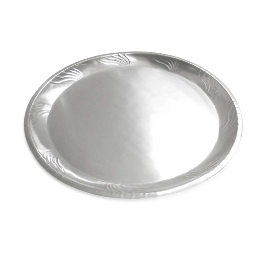 Wave Platter is a silver serving platter with a wave motif pressed into the wide rim in radiating lines around a plain centre - white background