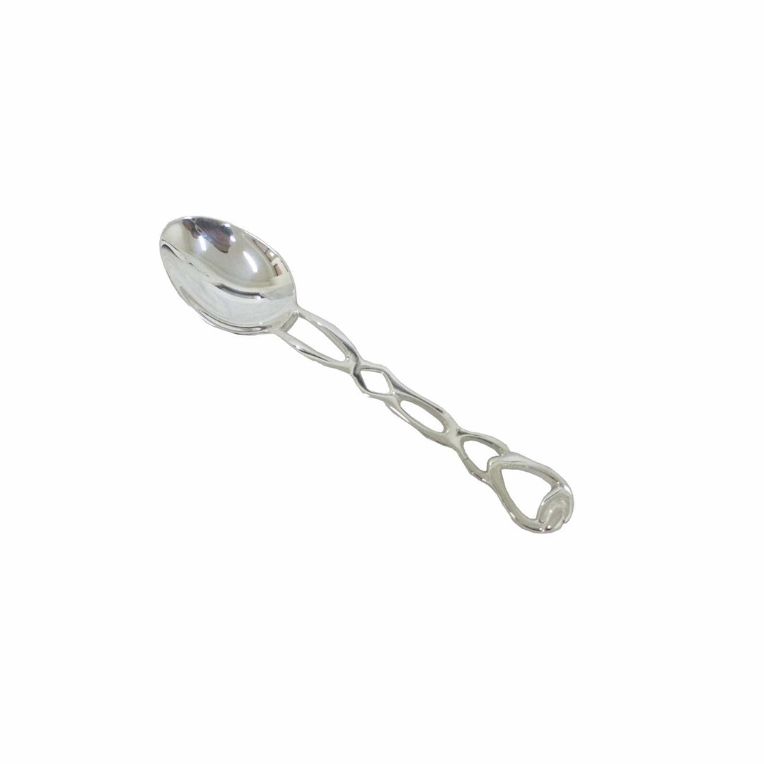 Sonata Dinner Spoon carries an openwork diamond-link handle, closing into a rounded tip below an oval bowl on this silver spoon - white background