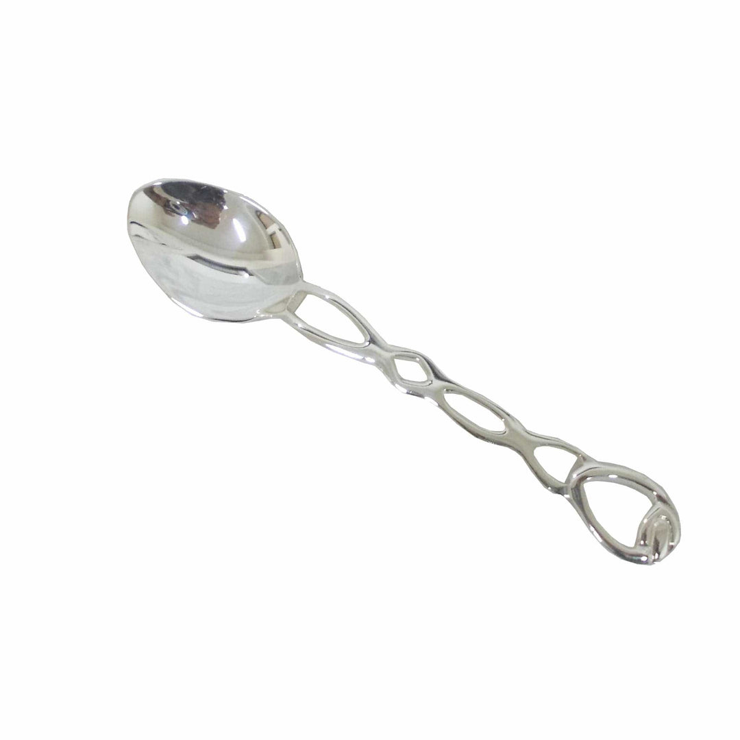 Sonata Dessert Spoon is a silver spoon with an openwork handle built from a chain of smooth, oval-shaped links that flow into a rounded bowl - white background