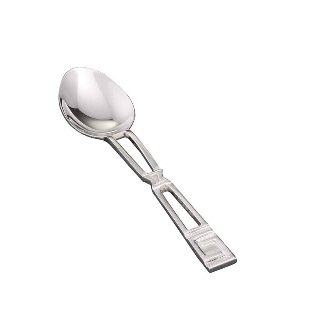 Zeus Dinner Spoon is a silver spoon with a rounded bowl that carries into an openwork handle - white background