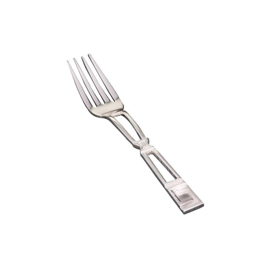 Zeus Dinner Fork sits four tines on an openwork handle built from rectangular cutout links that end in a textured, key-patterned tip - white background