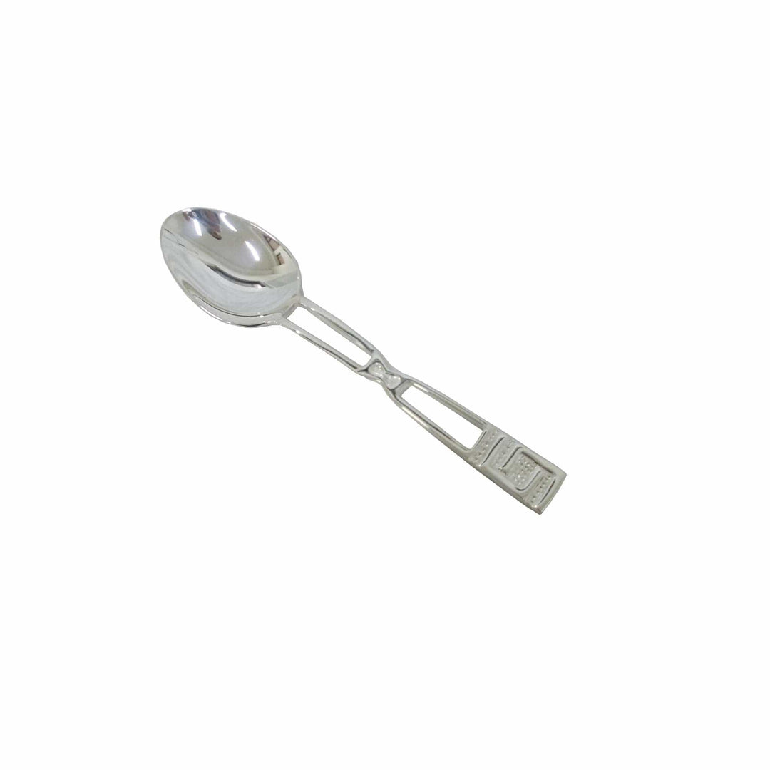Zeus Dessert Spoon builds an openwork handle in a geometric link pattern on this silver spoon - white background