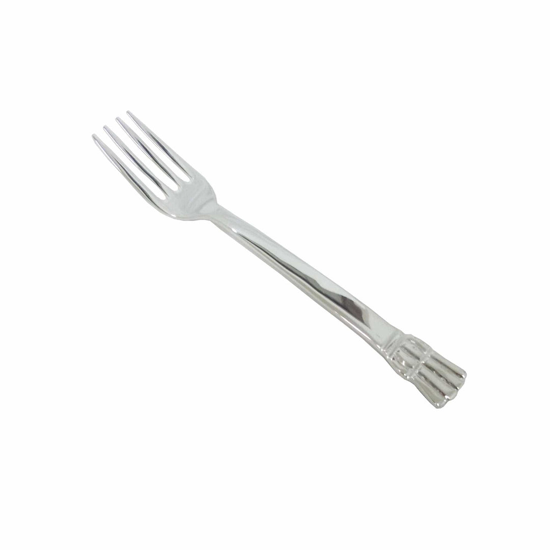 Fluted Dinner Fork flares a handle into a fluted, fan-shaped tip banded twice at the neck before closing into four tines on this silver fork - white background