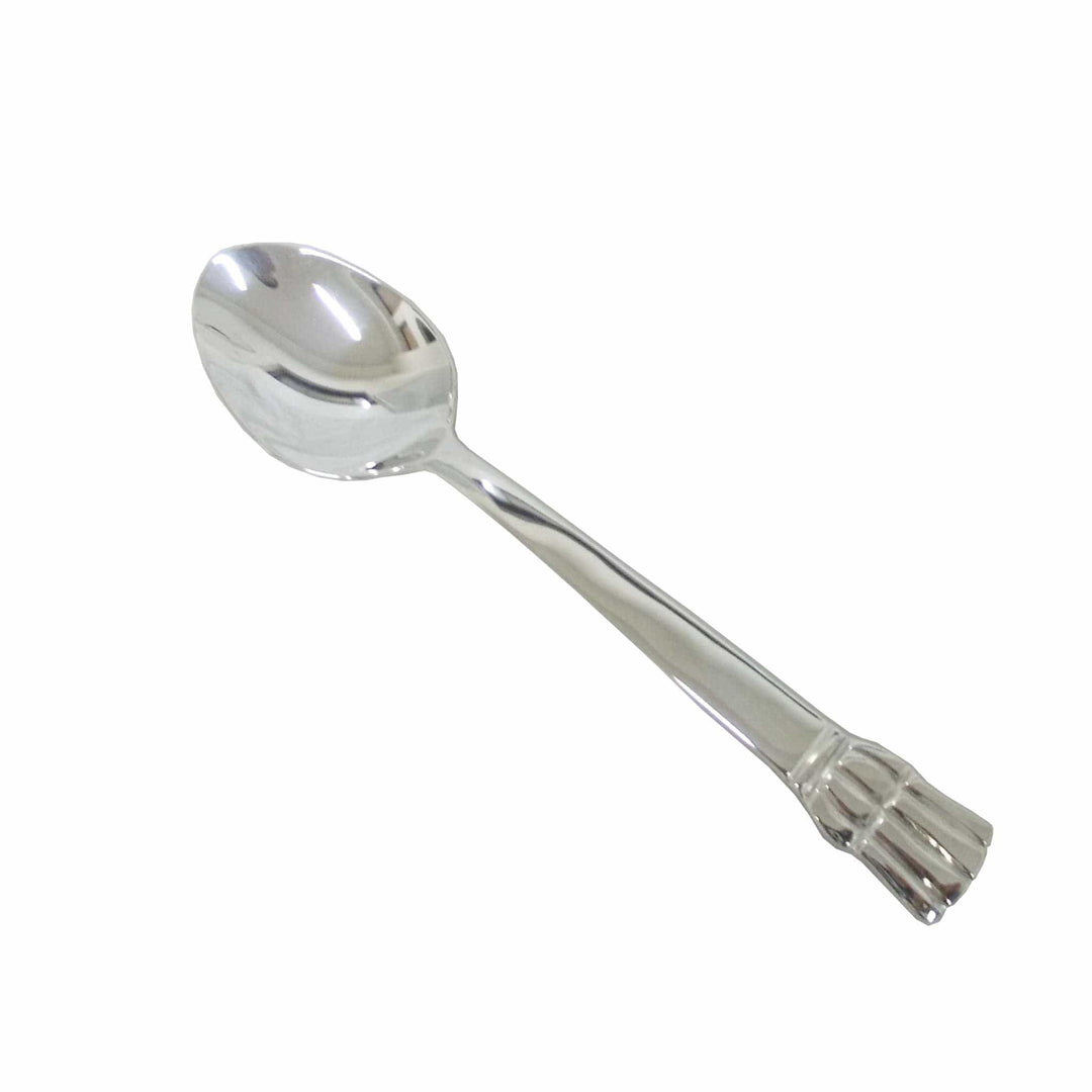 Fluted Dessert Spoon is a silver spoon finished with a fan-shaped handle tip set off by a double band at the neck - white background