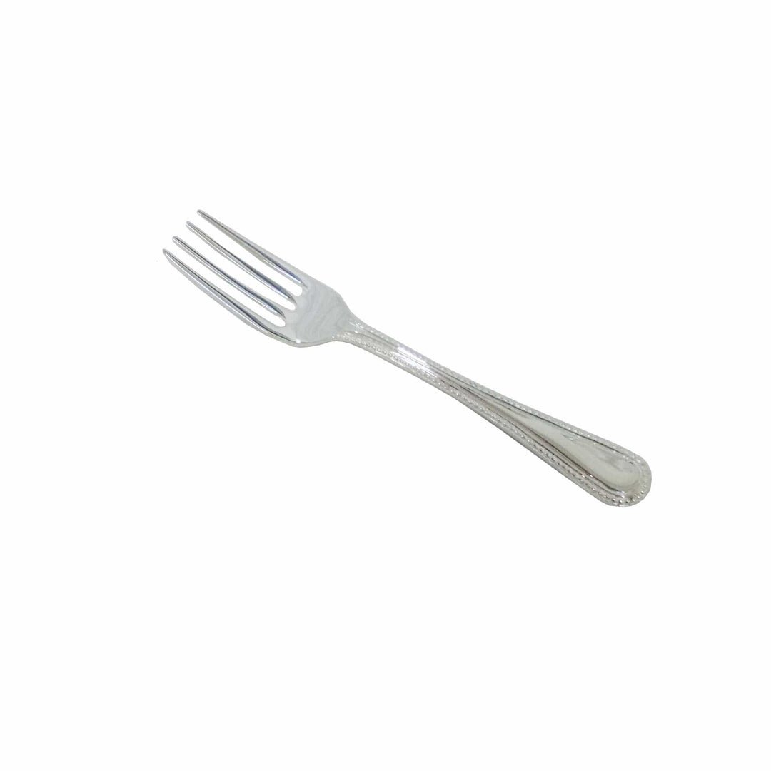 Aster Dinner Fork edges its handle in a fine beaded border that runs down to a rounded tip before meeting four tines on this silver fork - white background