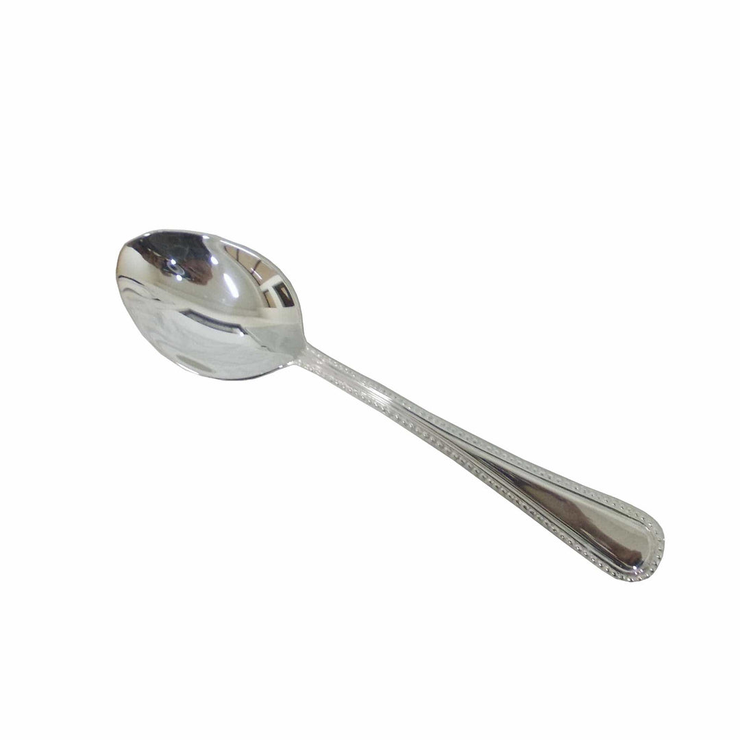 Aster Dessert Spoon traces a fine beaded border along both edges of the handle on this silver spoon, running down to a rounded teardrop tip - white background