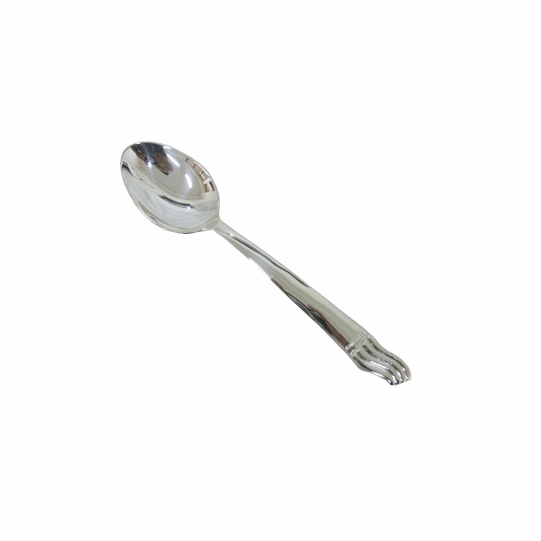 Wave Dinner Spoon is a silver spoon with a rounded bowl that flows into a handle flaring into a fanned, ribbed tip, set off by a banded neck - white background