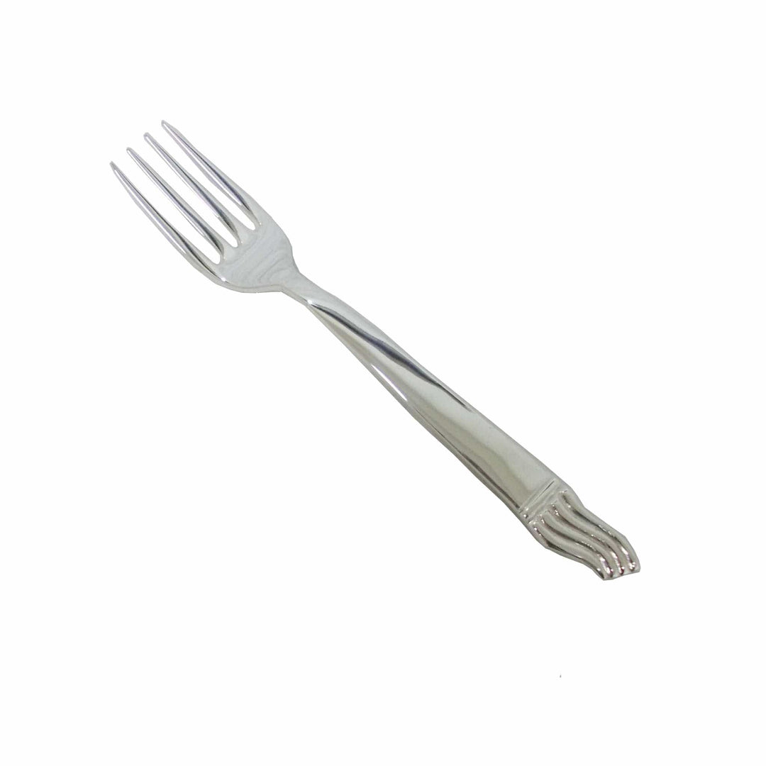 Wave Dinner Fork rises four slim tines from a handle that flares into a fanned, ribbed tip, banded just above the neck of this silver fork - white background