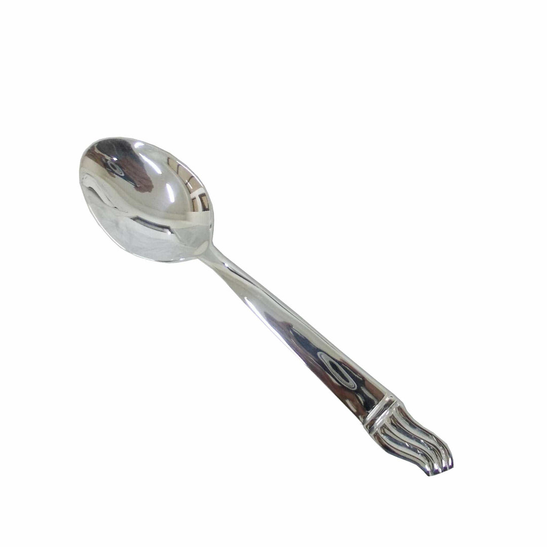 Wave Dessert Spoon flares a fanned, ribbed handle tip into soft wave-like lines above a banded neck on this silver spoon - white background
