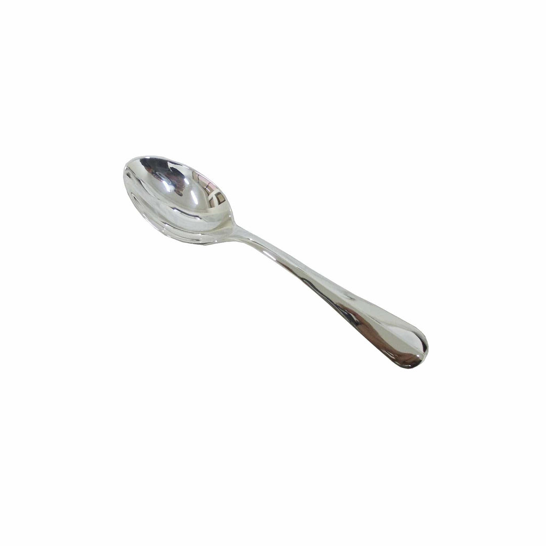 Chandrika Dinner Spoon tapers a smooth, rounded teardrop handle into a generously sized bowl on this silver spoon - white background
