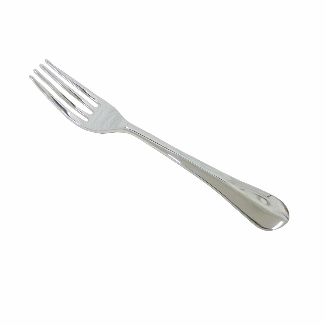 Chandrika Dinner Fork curves four slim tines from a smooth, rounded teardrop handle on this silver fork - white background