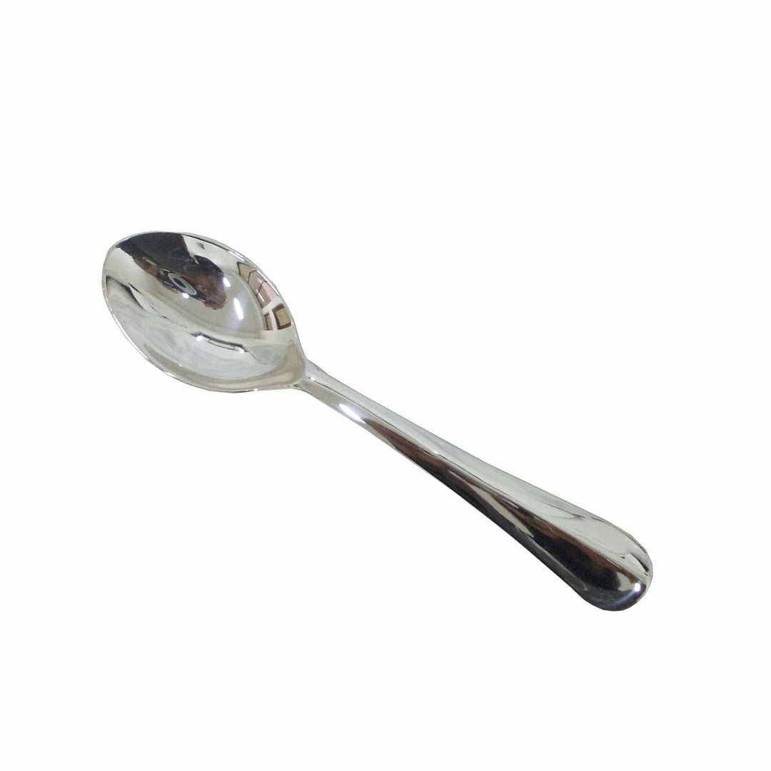 Chandrika Dessert Spoon pairs a smooth, rounded teardrop handle with a bowl free of any raised pattern or engraving - white background