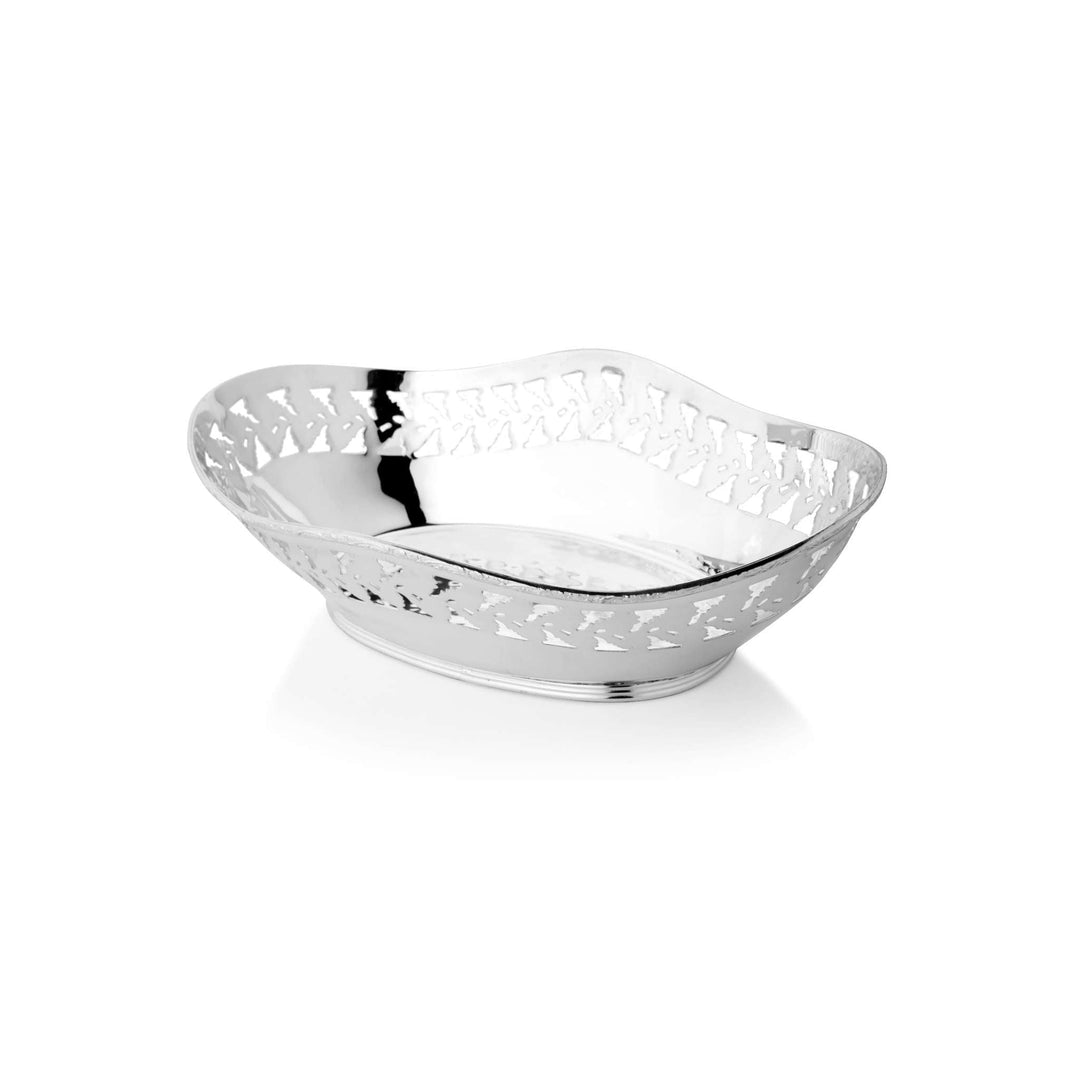 Bowl Adorn is a silver bowl in an oval bread-basket shape with a gently wavy rim, wrapped in a wide band of pierced leaf-and-vine cutwork – Small