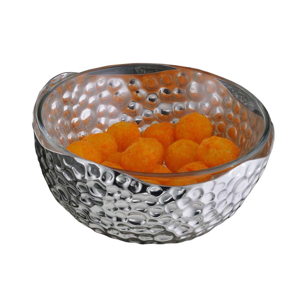 Bowl Bubble With Glass Liner covers the rounded exterior of this silver bowl in an all-over hammered, pebble-like texture – Small