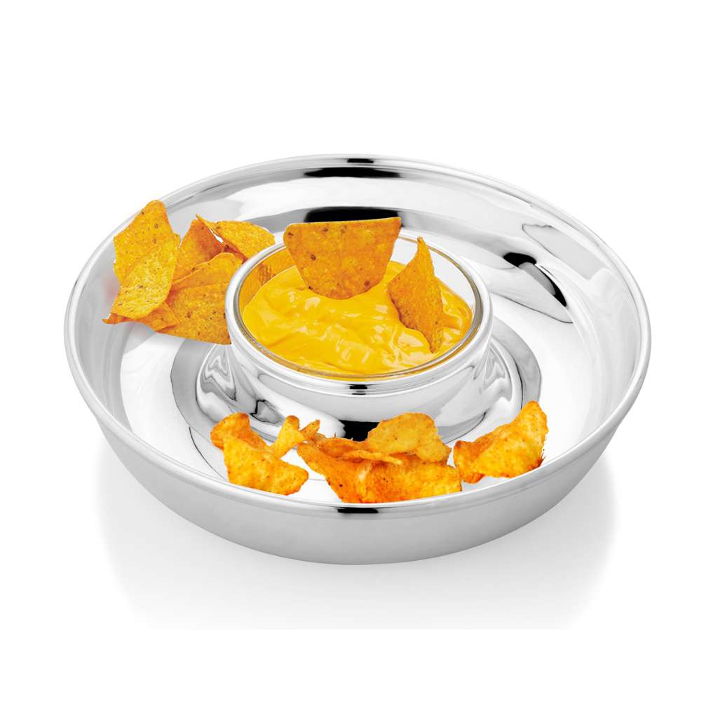 Bowl Chip And Dip Saturnia is a silver bowl that builds a wide, plain serving well around a central glass dip insert – Small