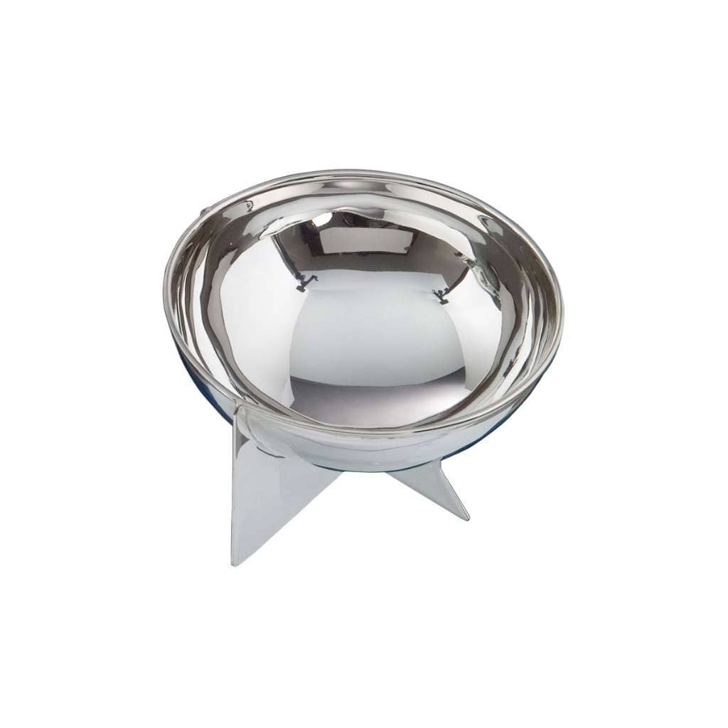 Bowl Cross sets an otherwise plain round silver bowl on a simple X-shaped stand, giving it a light - white background
