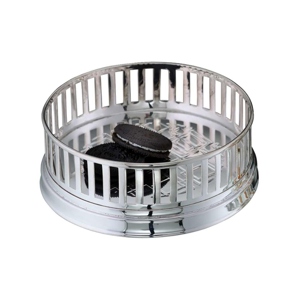 Bowl Gallery sets a shallow silver bowl inside a gallery-style rim of upright silver pickets – Small