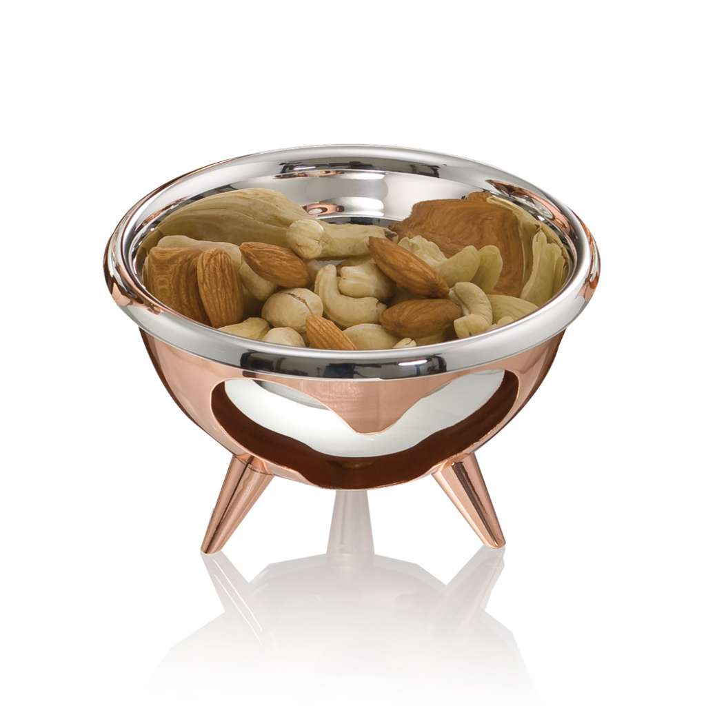 Bowl Lounge raises this silver bowl on three tapered copper-toned legs – Small