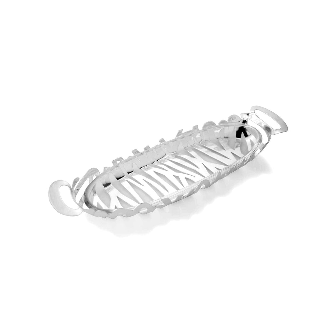 Bowl Oval Graffiti is a silver bowl shaping an open, script-like lattice with a glass liner underneath into a long oval basket – Small