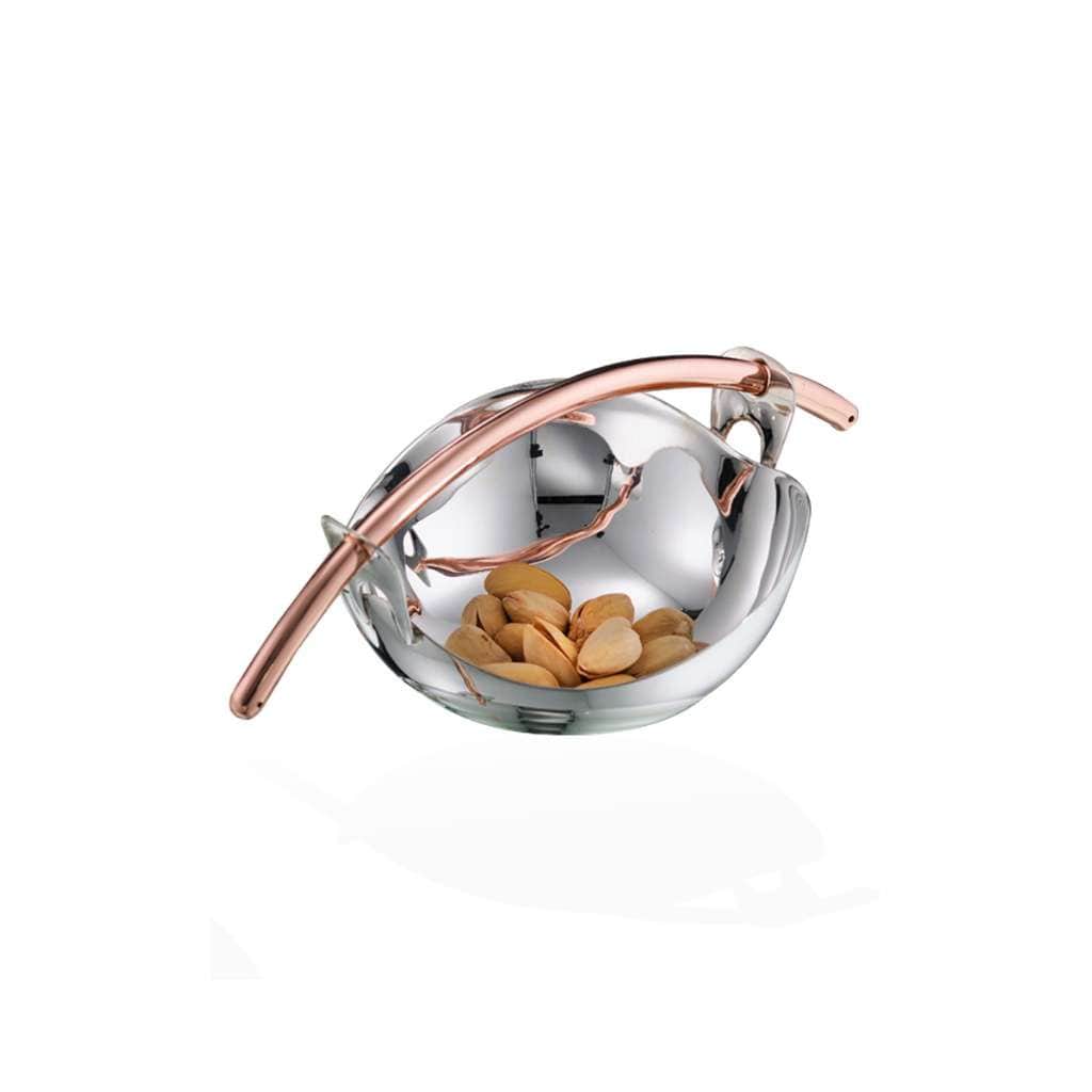 Bowl Quebec arcs a curved copper-toned handle above this soft, leaf-shaped silver bowl, its rim gathered - white background