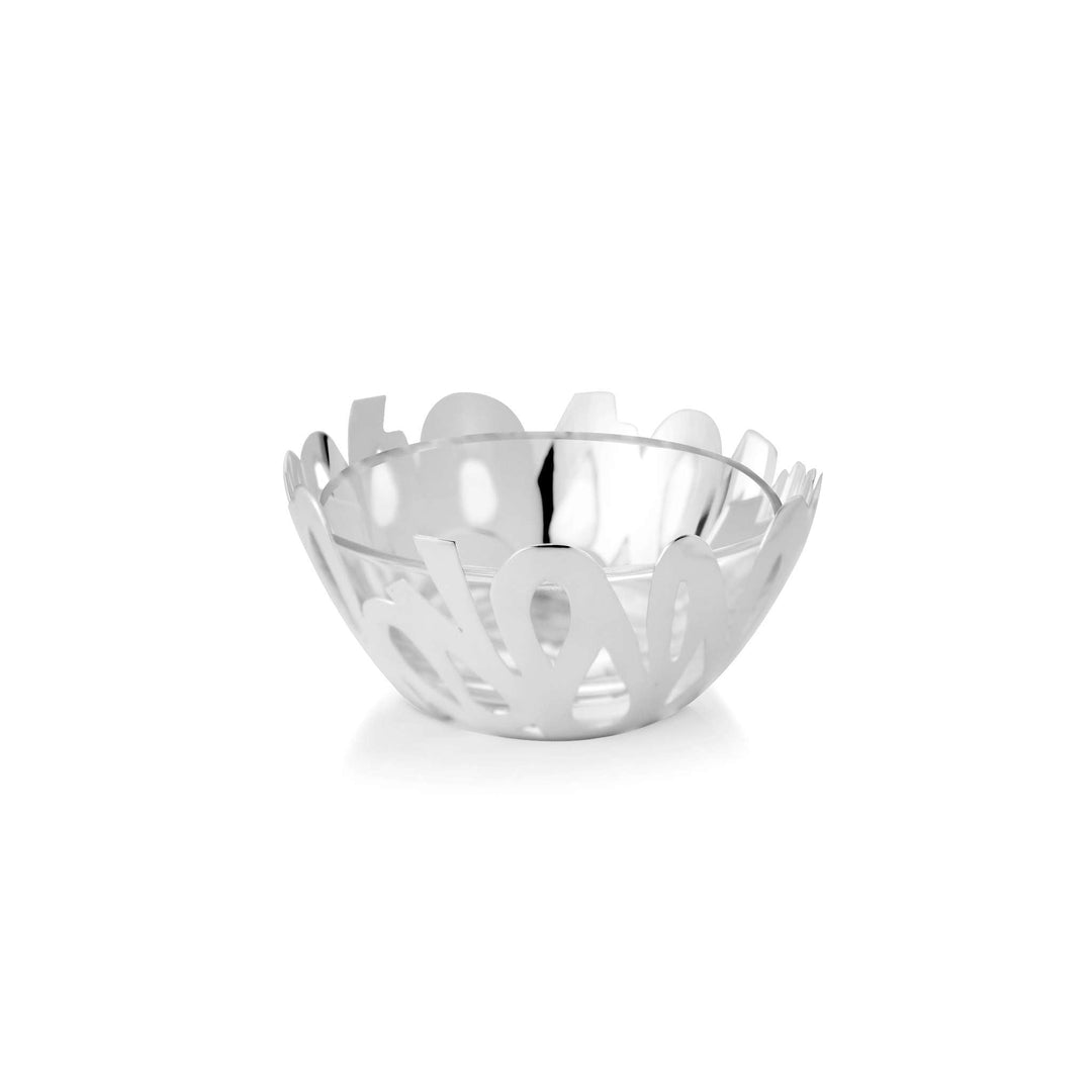 Bowl Round Graffiti is a silver bowl that wraps an open, script-like lattice of cut strokes around its round glass liner – Small