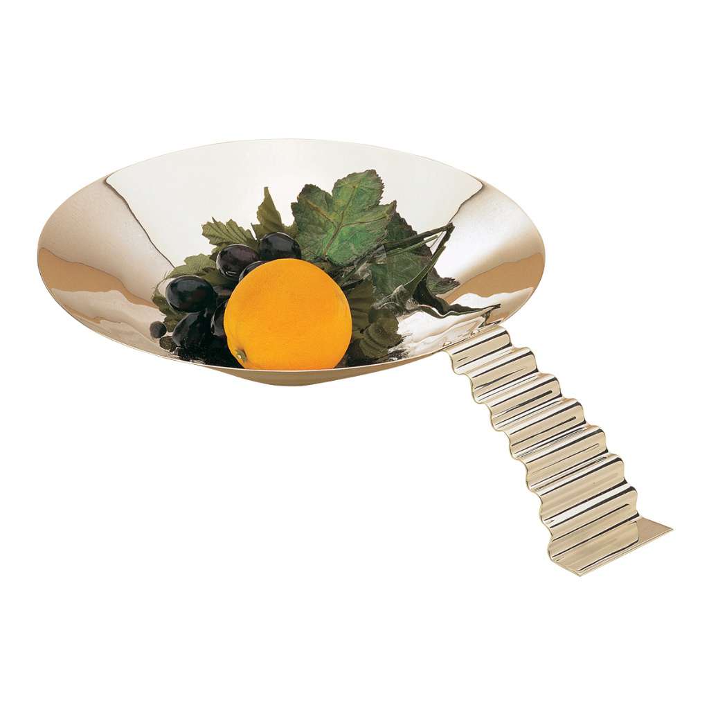 Bowl Step balances a shallow silver bowl on a slim, ridged pedestal stand, giving it a raised - white background