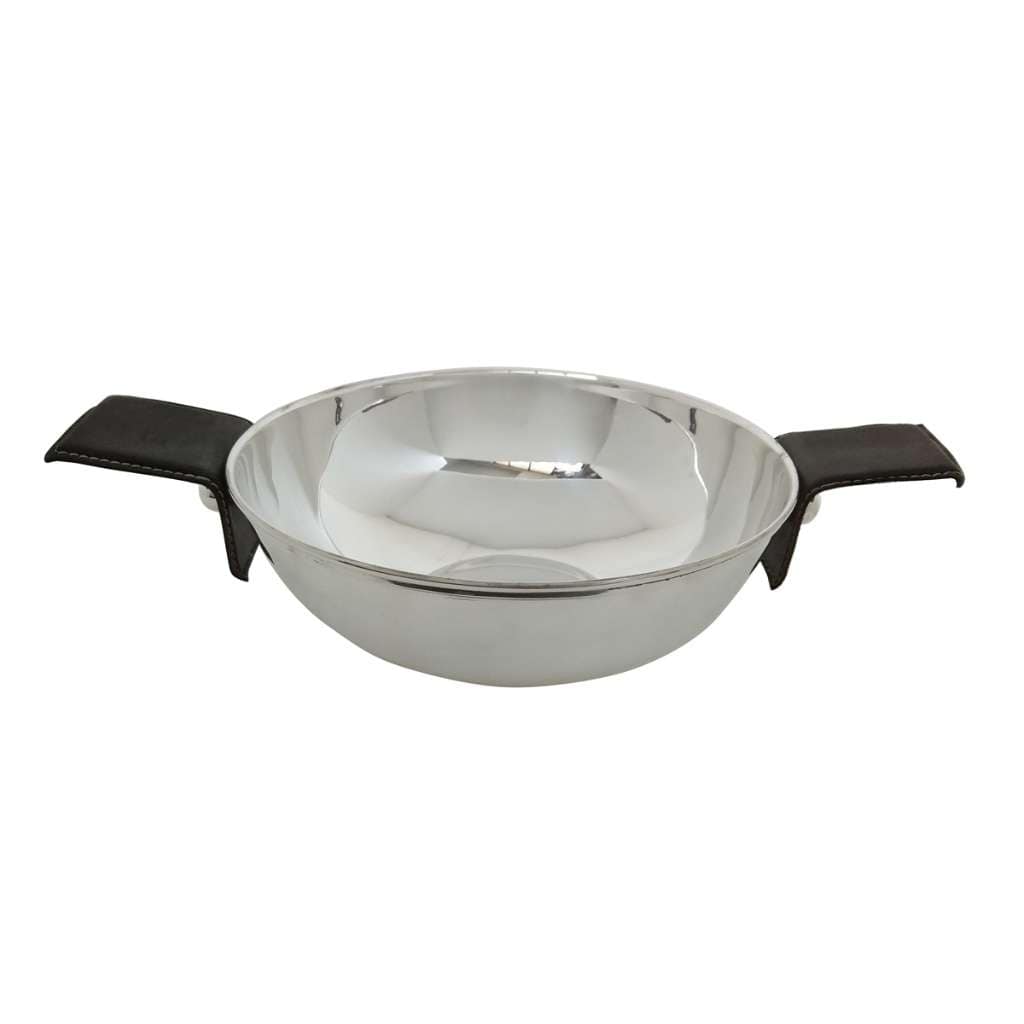 Bowl With Leather Handle stitches a single black leather handle along one side of a smooth, rounded silver bowl for easy lifting, carrying – Small