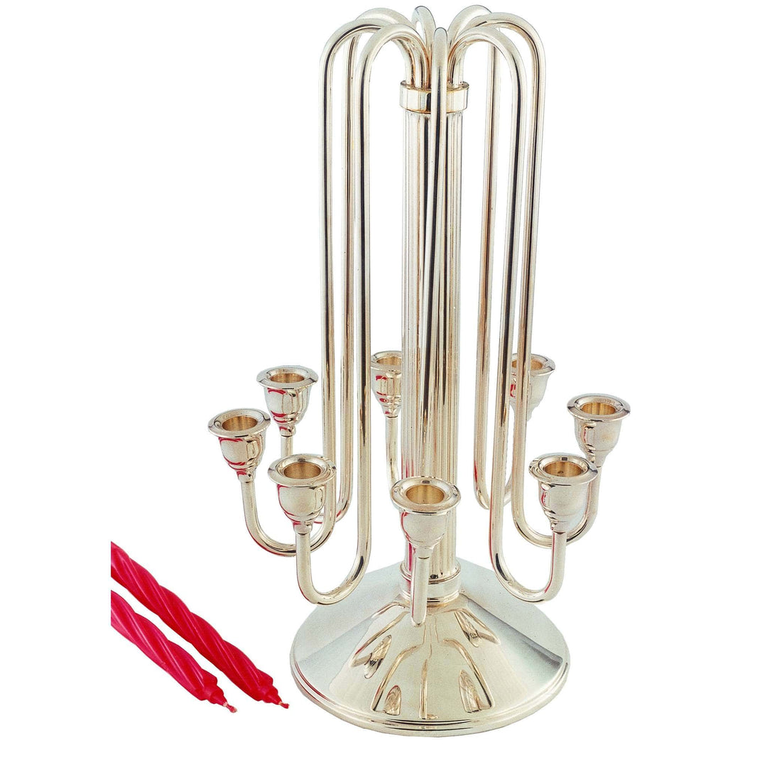 Candle Stand Cluster is a dramatic silver candle stand built around a cluster of looping arms that fountain upward from a wide pedestal base before curving back into individual candle cups – 5 Lite