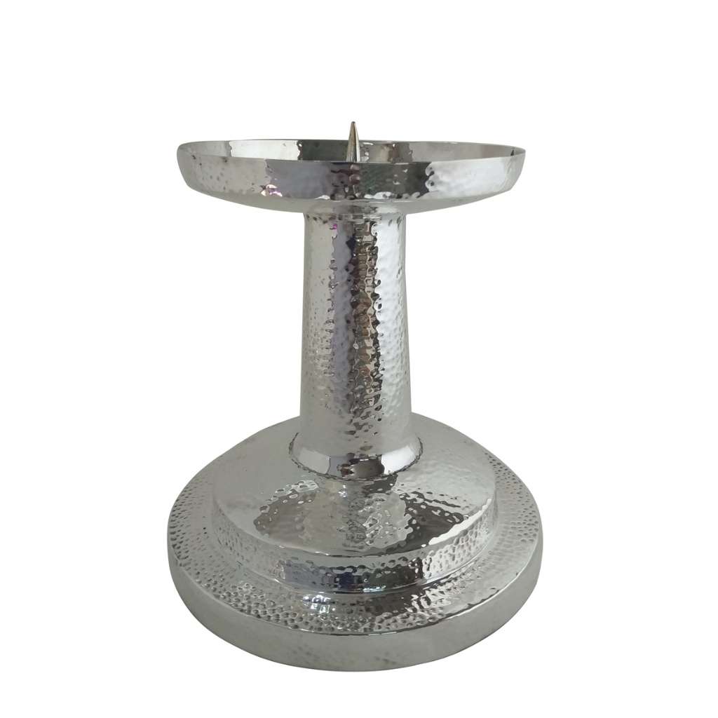 Candle Stand Hammered covers the wide tiered base and tapering column of this silver candle stand in a clear hammered-texture finish – Small