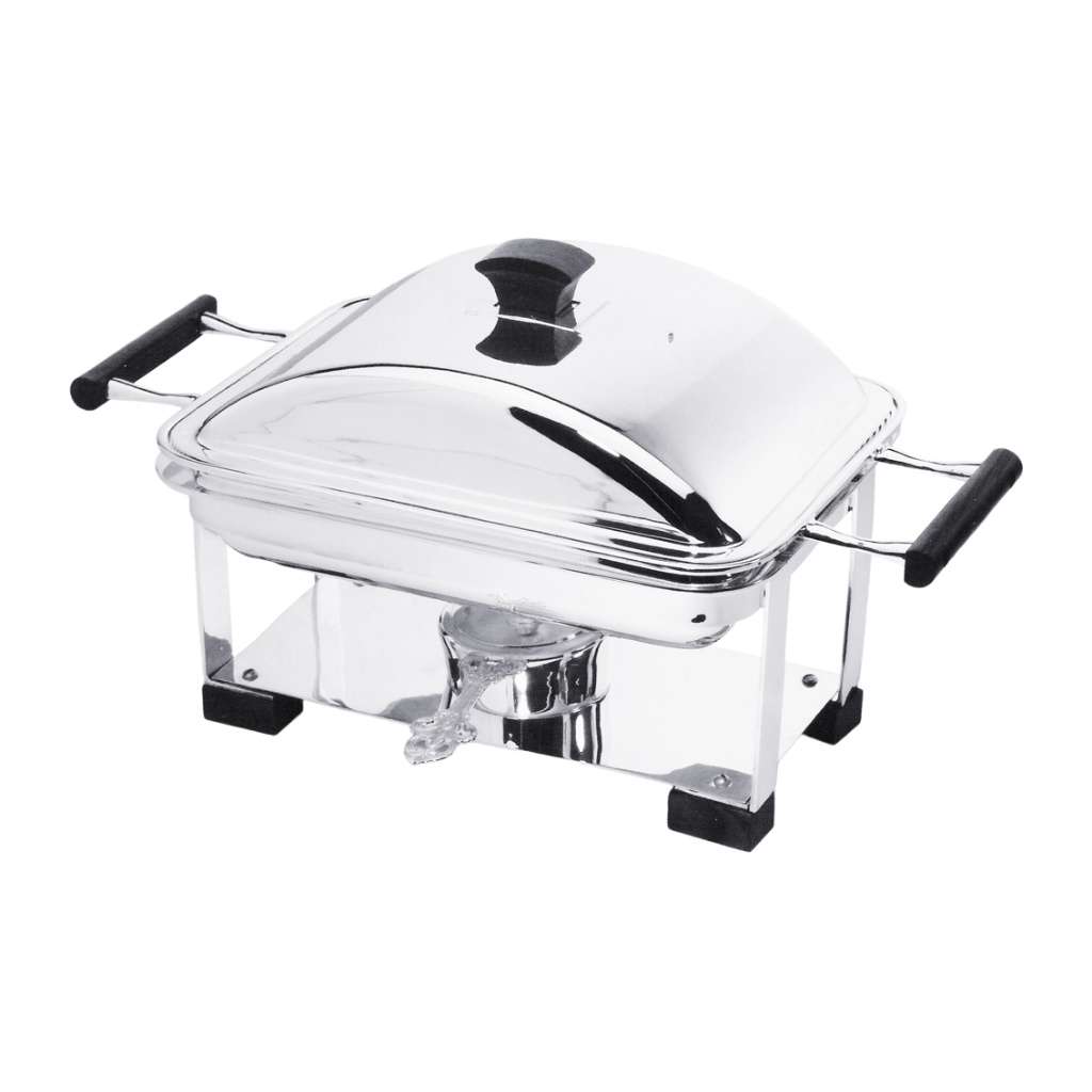 Chaffing Dish Rectangular sets a domed hinged lid over a rectangular silver chafing dish – Small