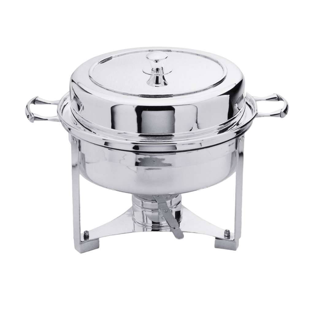 Chaffing Dish Round sets a deep silver chafing dish under a domed lid, mounted on a four-legged stand - white background