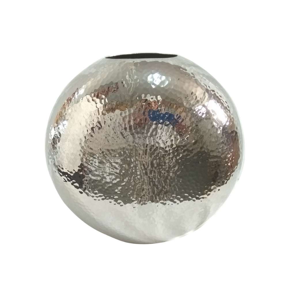 Flower Vase Oval Hammered is a silver vase with a rounded, orb-like body covered in a fine hammered texture from top to bottom – Extra Small
