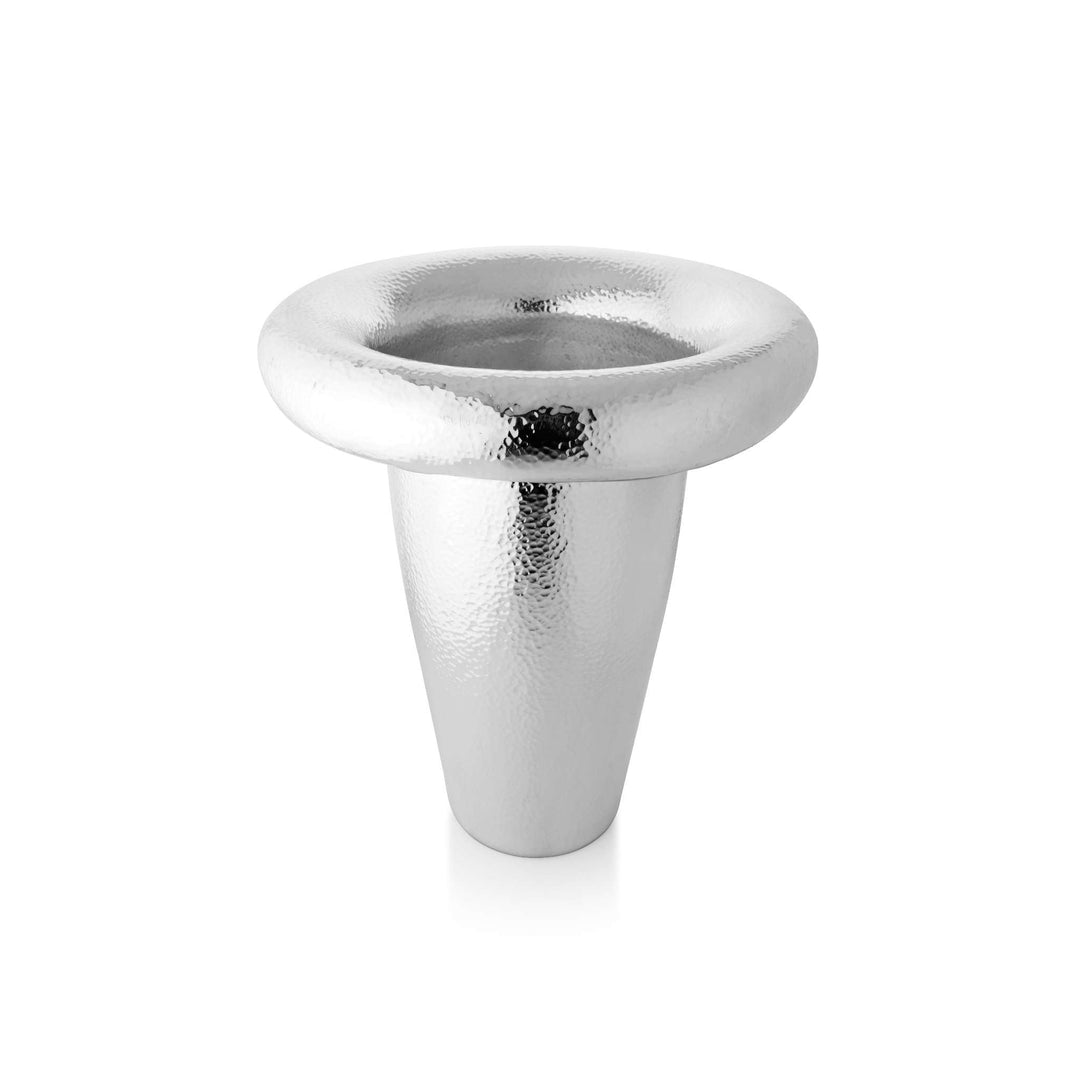 Flower Vase Rolled is a silver vase flaring a wide, doughnut-like lip above a slim, tapering cone base, built around a dramatic rolled rim – Medium