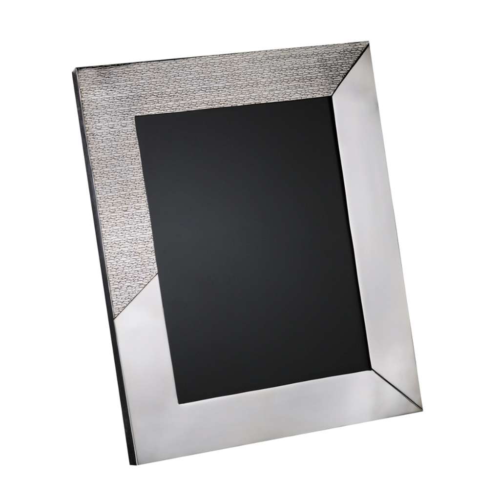 Photo Frame Blend is a silver frame that meets a textured hammered-look panel with a smooth mirror-polished one on a diagonal split – Small