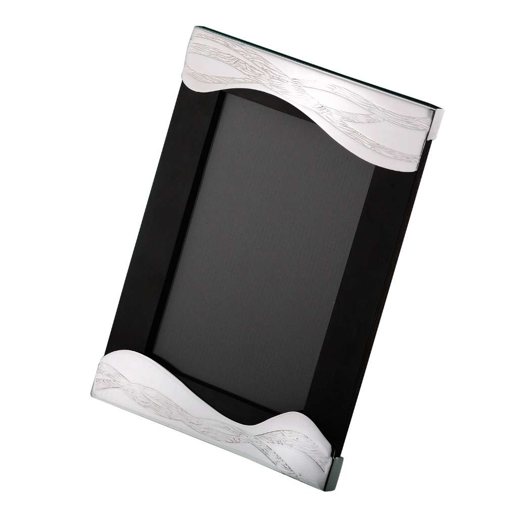 Photo Frame Crossroads is a silver frame that anchors a black-finished body with top and bottom bands engraved with a crossing – Small