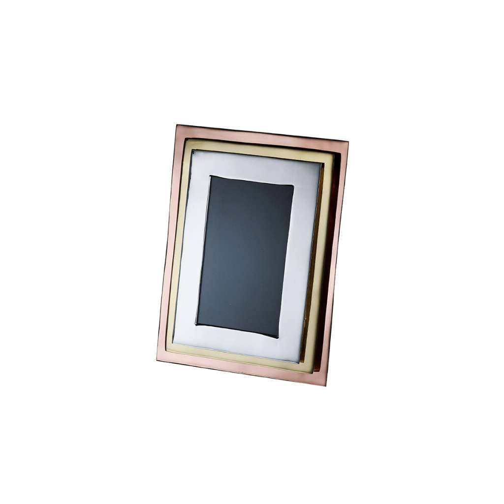 Photo Frame Echo is a silver photo frame that layers a rose gold outer edge against a slim gold band - white background