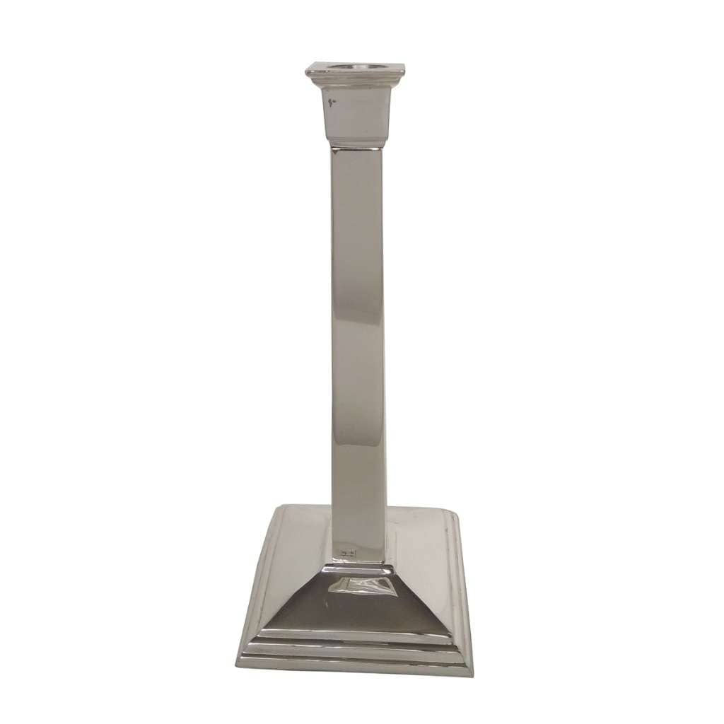 Square Candle Stand rises as a clean square silver column from a stepped, pyramid-like base, built - white background