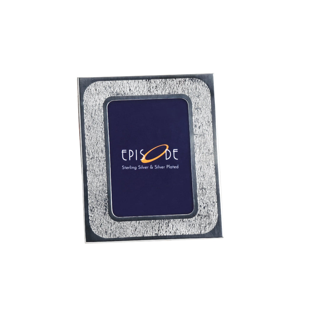 Photo Frame Rect Rice is a silver frame with a finely etched, rice-grain texture across its rectangular border, set around a deep navy mat – Small